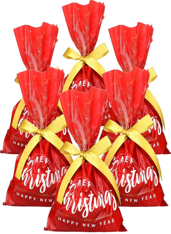 Tenare 100 Pieces Christmas Treat Bags Money Candy Cellophane Bag Loot Bags for Party with 22 Yards Beige Ribbon for Party Favor Party Supplies, 6 x 9 Inch(Delicate Style) - Image 1